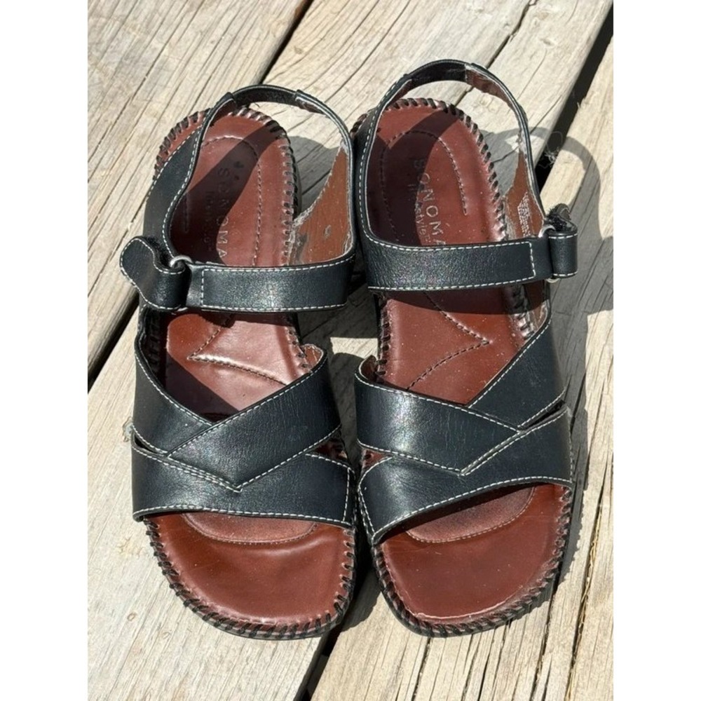 Sonoma Life + Style | Reba Black Leather Comfort Wedge Sandals | 7M
